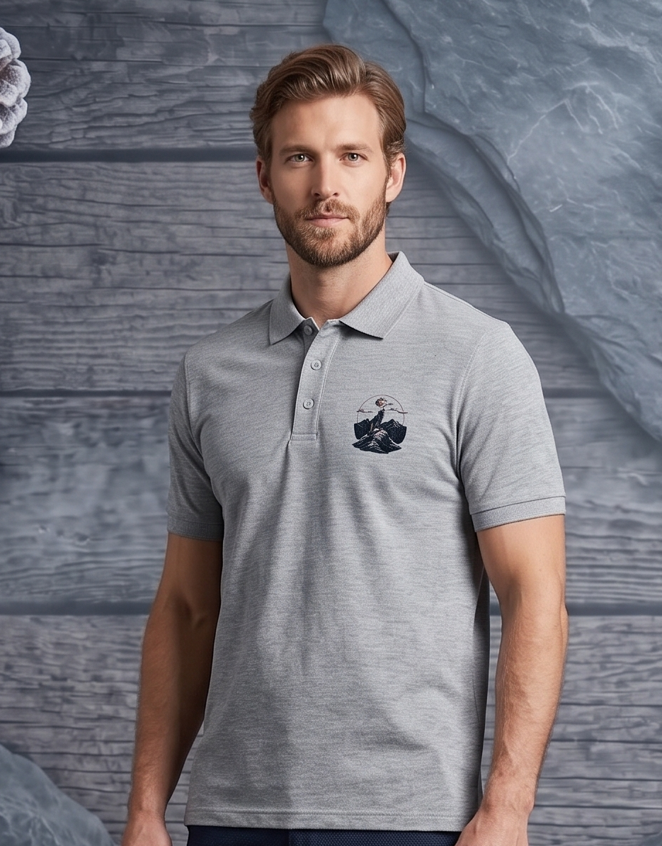 Man wearing a gray polo shirt with a logo in a rustic setting with pinecones and wooden elements.